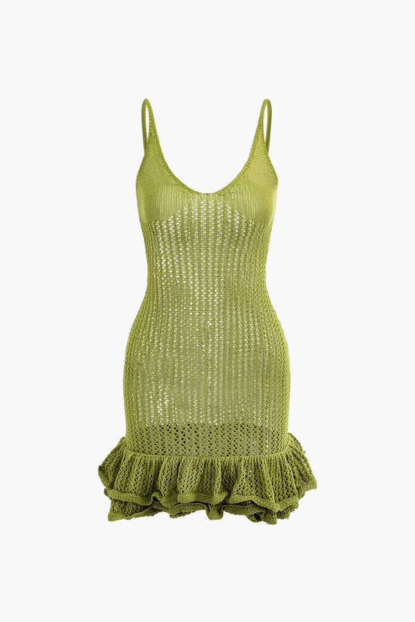 Adah Green Ruffle Hem Cami Open Knit Mini Dress