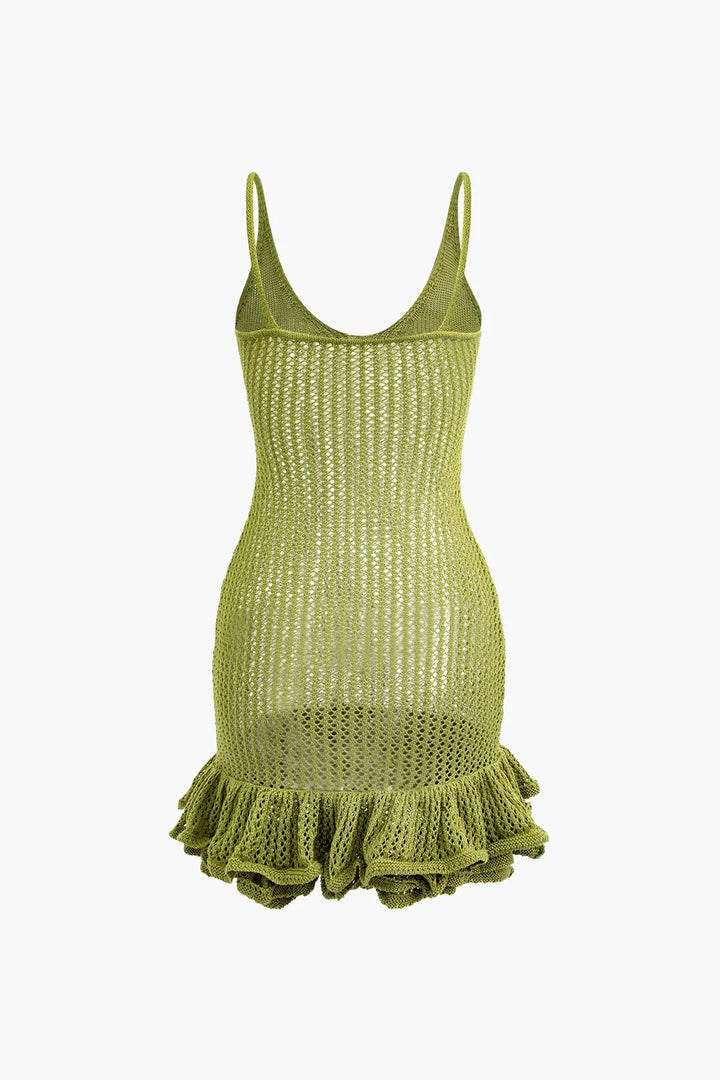 Adah Green Ruffle Hem Cami Open Knit Mini Dress