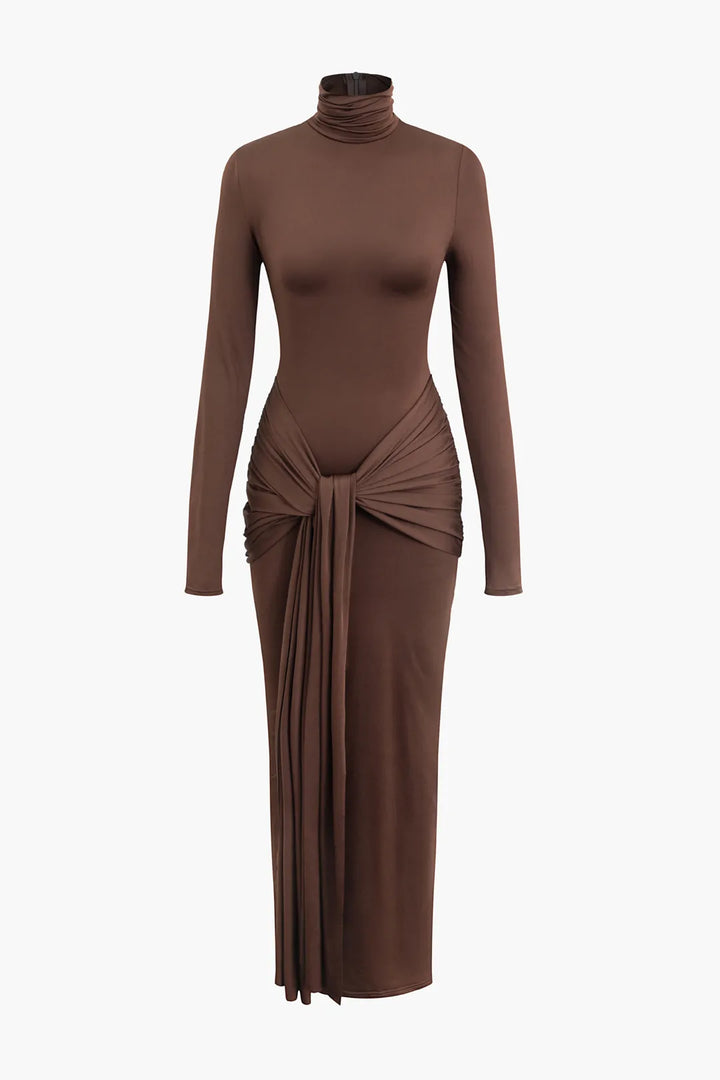 Adalee Brown Wrap Ruched Long Sleeve Maxi Bodycon Dress