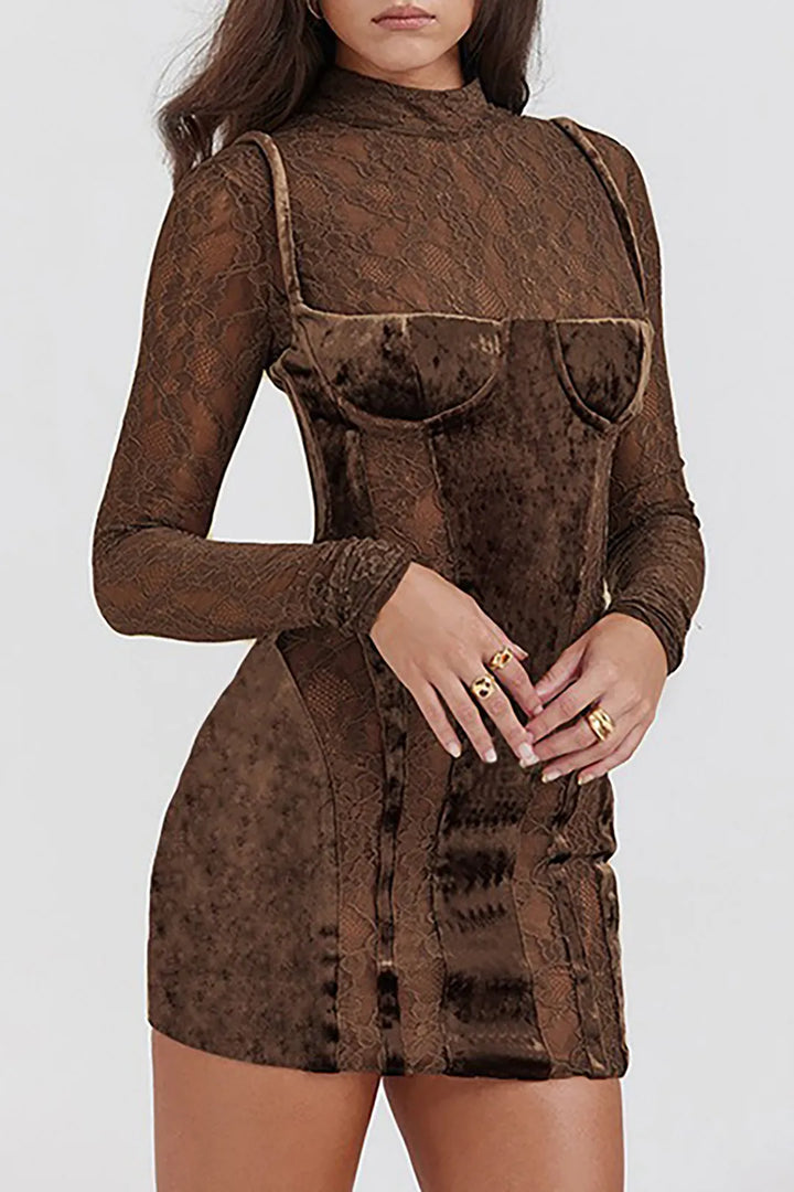 Aggie Brown Lace Panel Velvet Mock Neck Long Sleeve Mini Party Dress