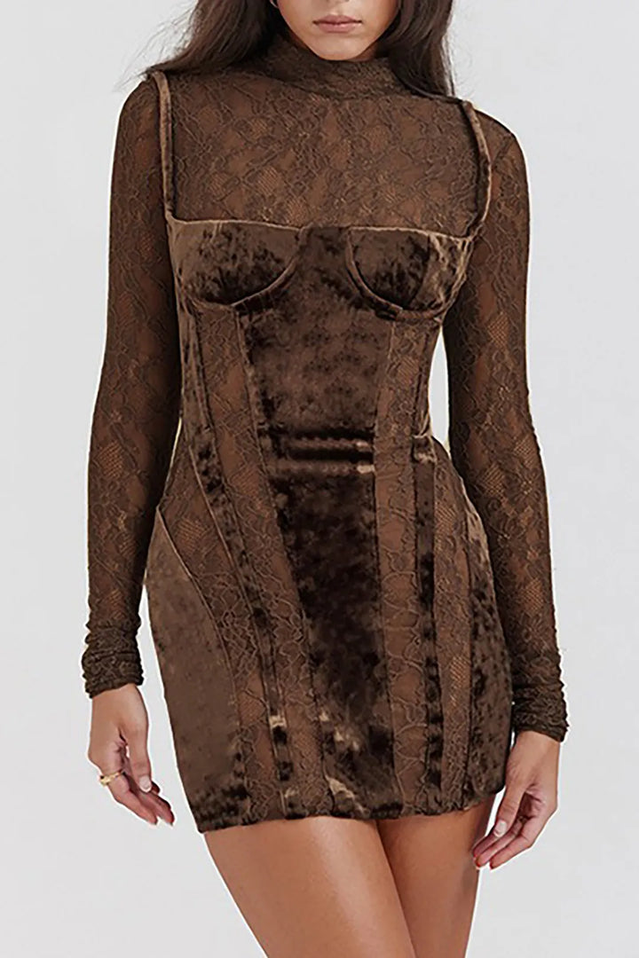 Aggie Brown Lace Panel Velvet Mock Neck Long Sleeve Mini Party Dress