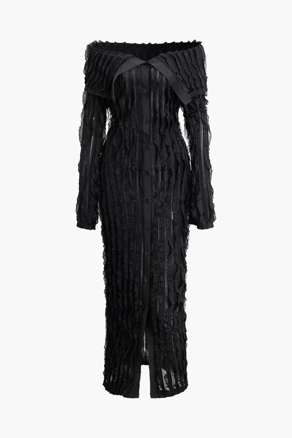 Aki Black Off Shoulder Mesh Textured Button Up Slit Long Sleeve Maxi Dress