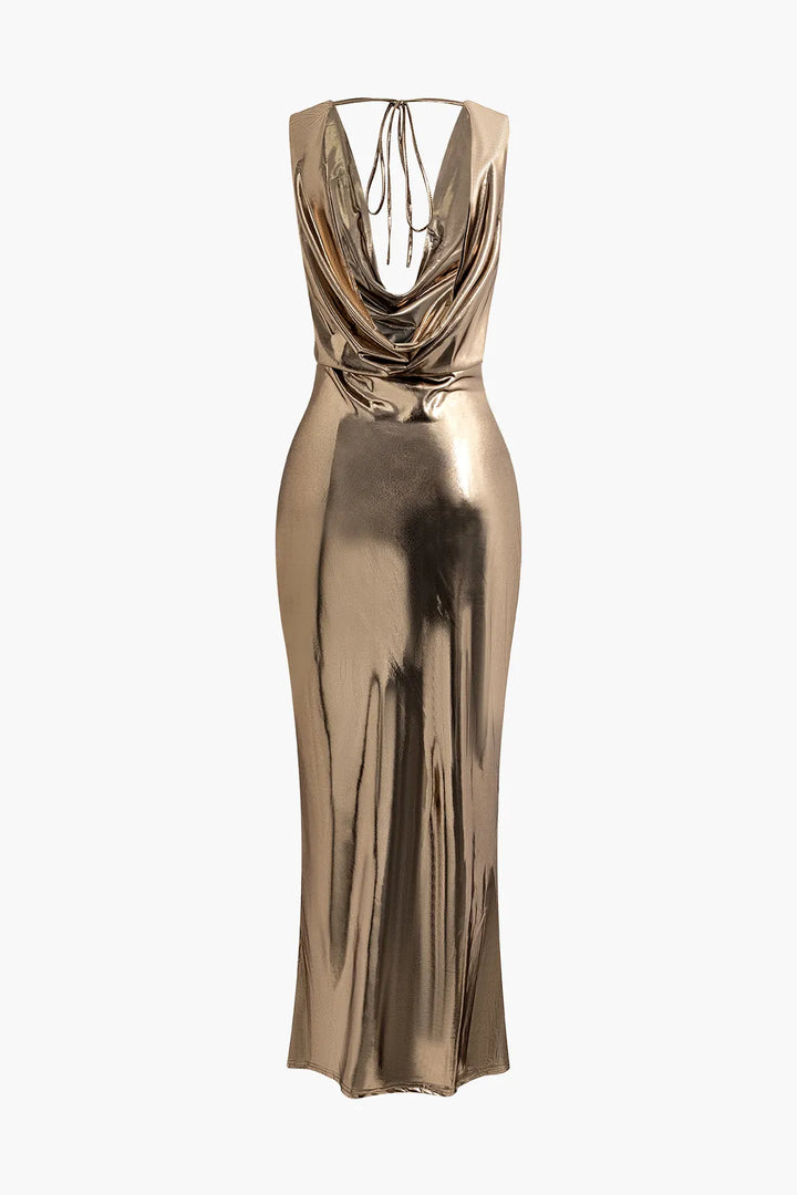 Aly Metallic Cowl Neck Tie Backless Sleeveless Maxi Party Dress