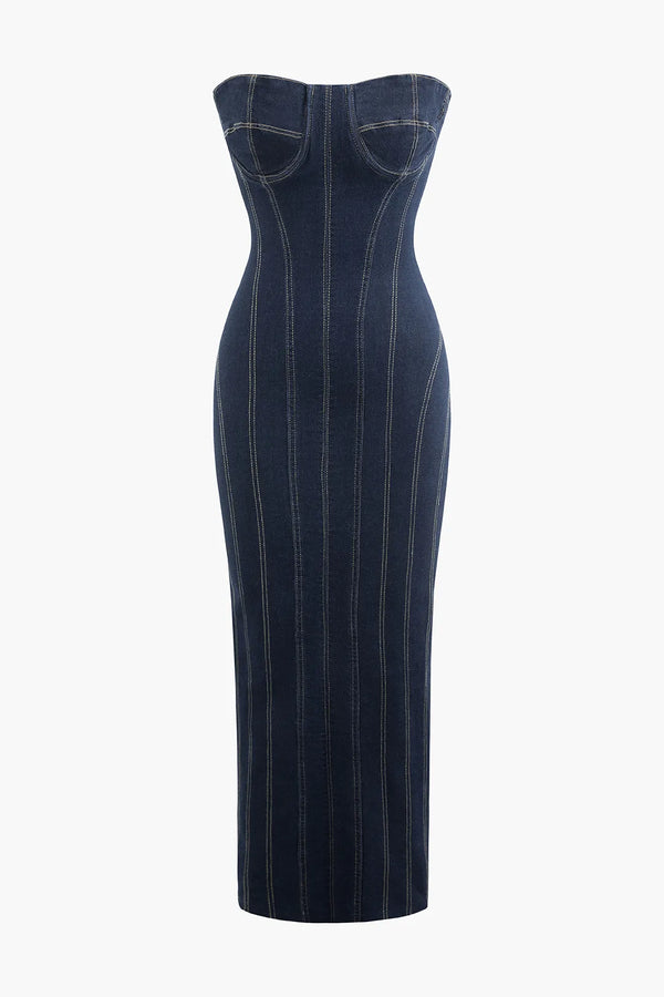 Basia Blue Slit Denim Zipper Strapless Maxi Dress