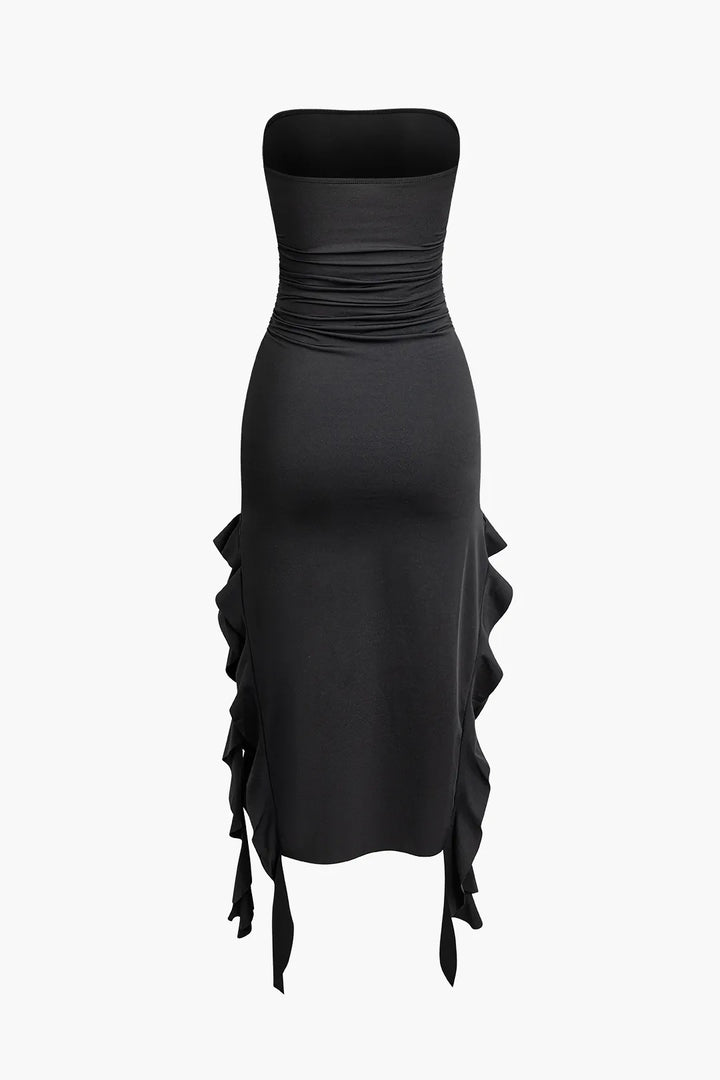 Bayley Solid Black Ruffle Hem Ruched Tube Maxi Dress