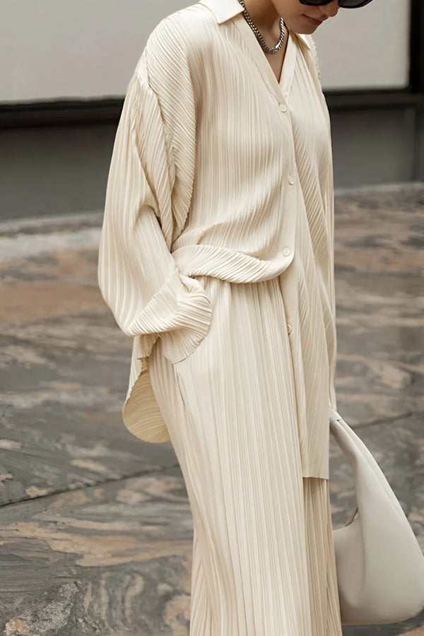 Beige Pleat Long Sleeve Top and Straight Leg Pants Set