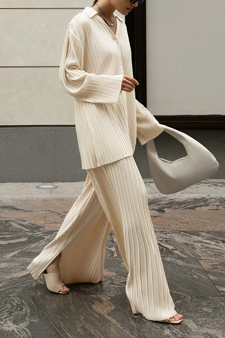 Beige Pleat Long Sleeve Top and Straight Leg Pants Set