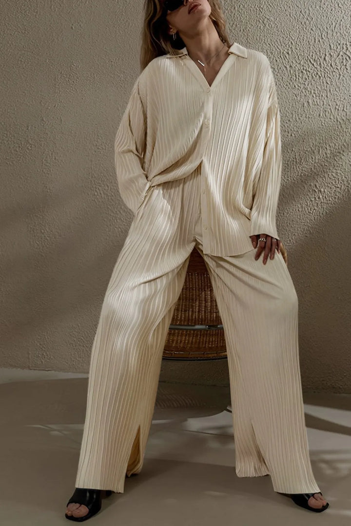 Beige Pleat Long Sleeve Top and Straight Leg Pants Set