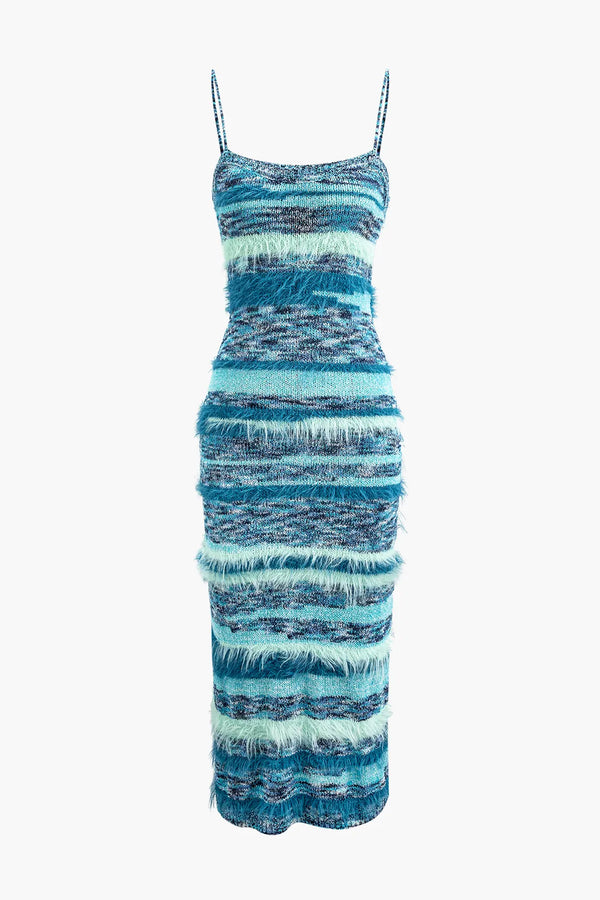 Berlin Blue Feather Stripe Knit Maxi Dress