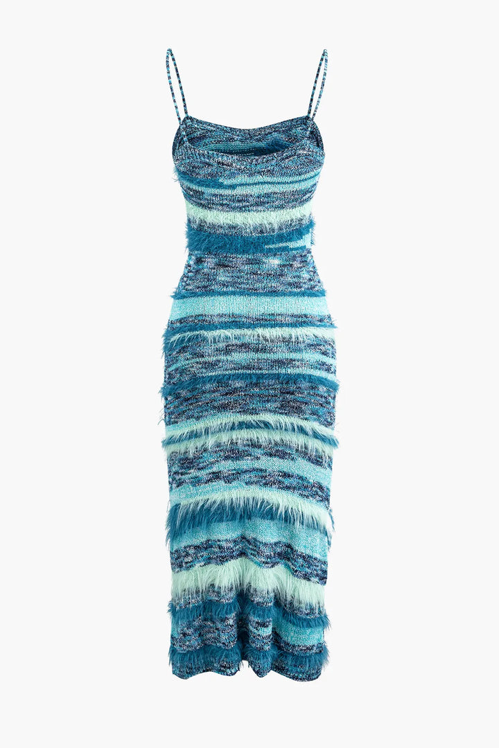 Berlin Blue Feather Stripe Knit Maxi Dress