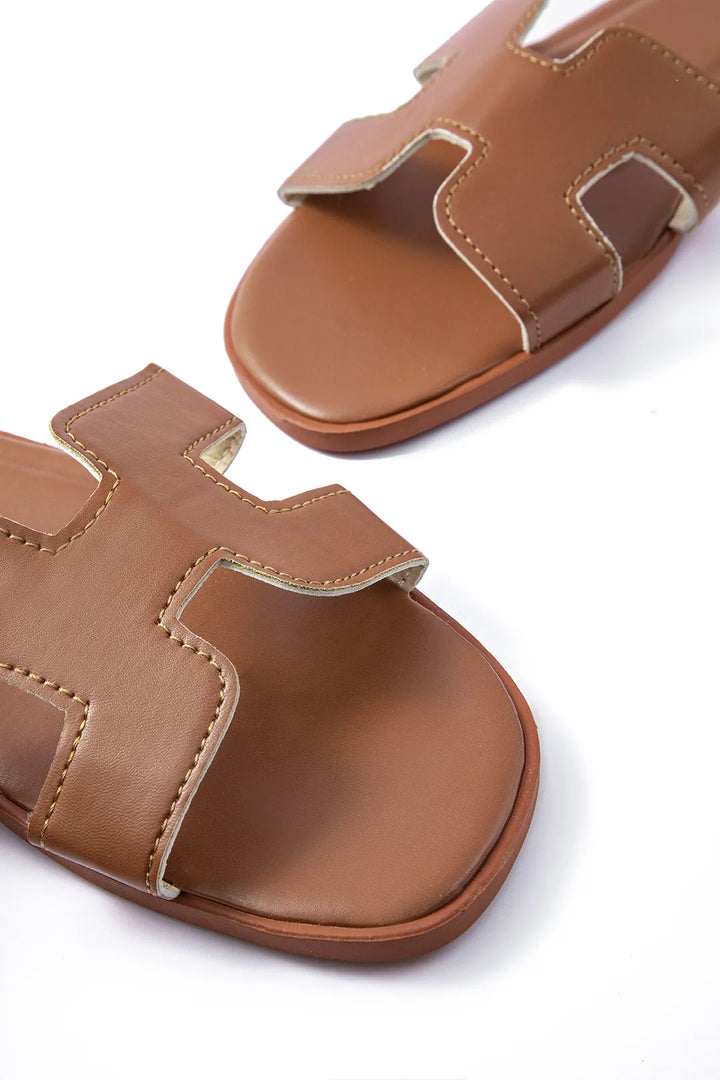 Betina Brown Faux Leather Flat Sandals