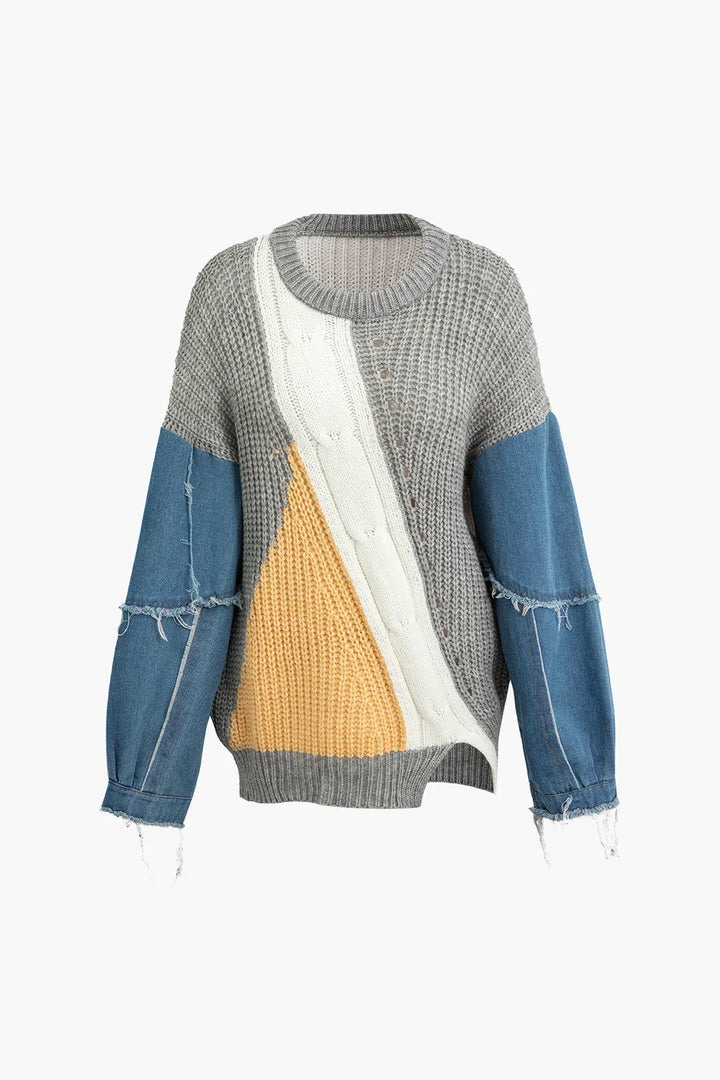 Betty Grey Stitching Denim Round Neck Sweater