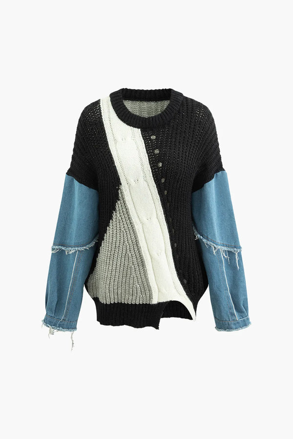 Betty Multicolour Stitching Denim Round Neck Sweater