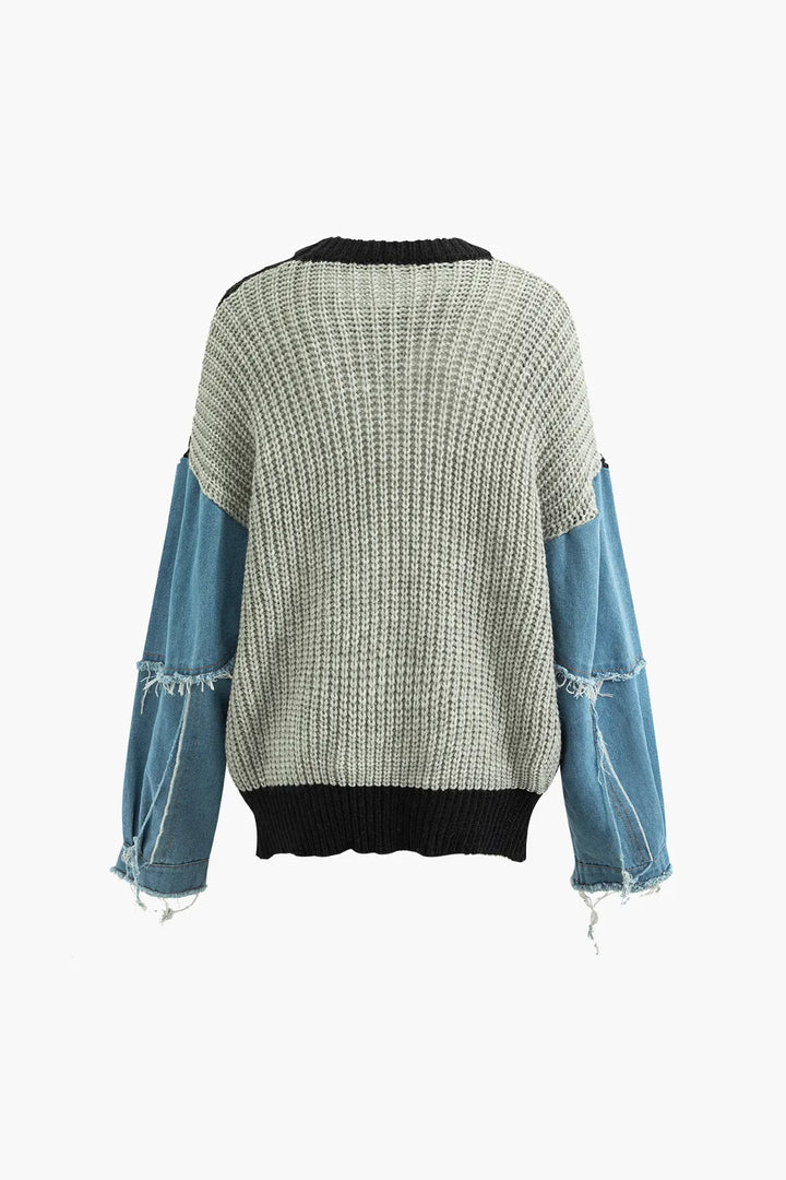 Betty Multicolour Stitching Denim Round Neck Sweater