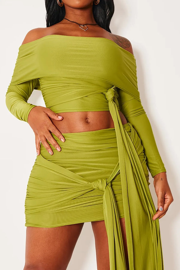 Bianca Green Knot Ruched Off Shoulder Long Sleeve Top And Mini Skirt Set