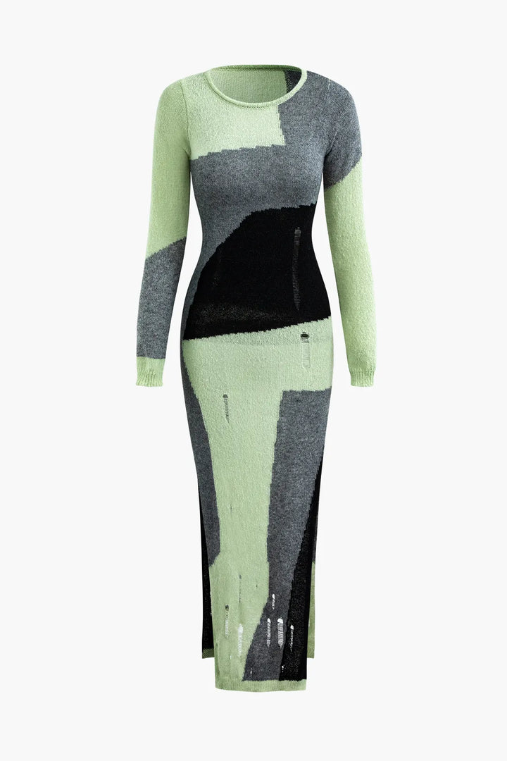 Bonny Black and Green Knit Destroyed Slit Midi Dress