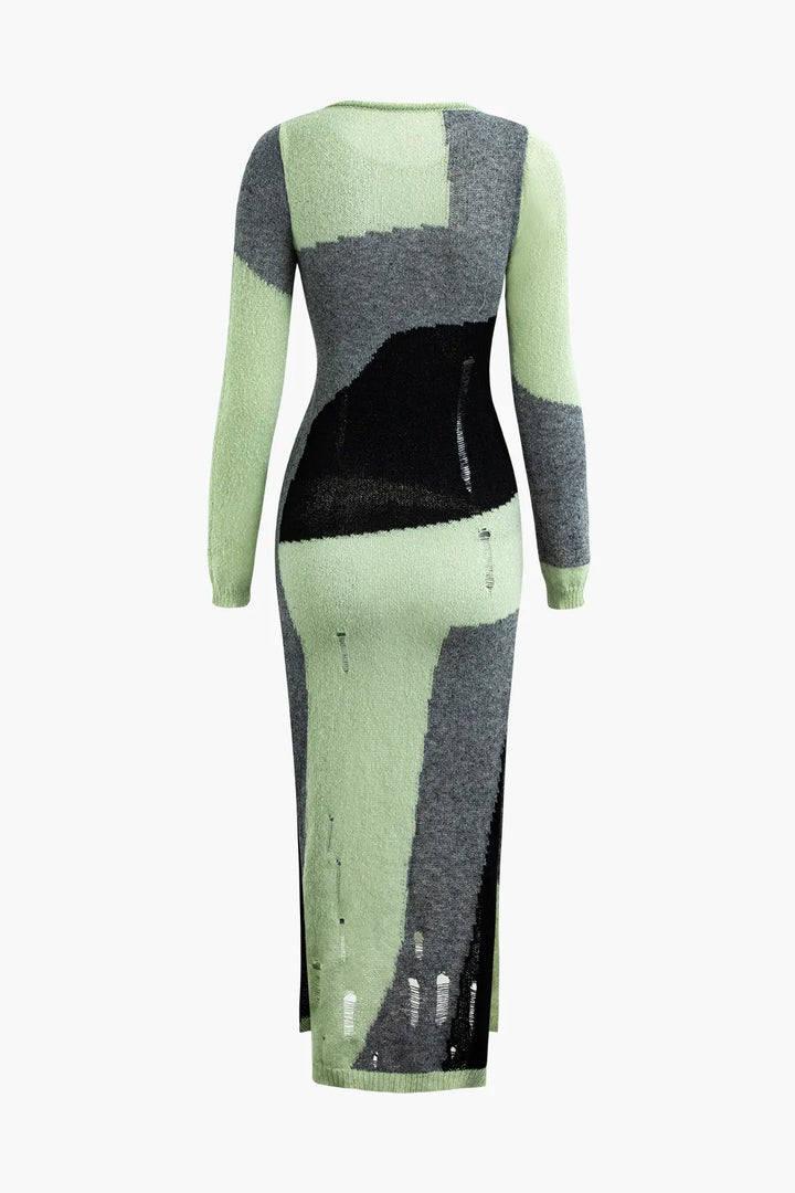 Bonny Black and Green Knit Destroyed Slit Midi Dress