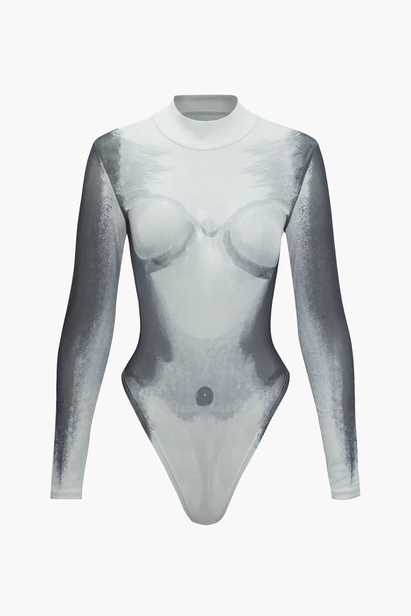 Brice Grey Body Printed Long Sleeve Mesh Bodysuit