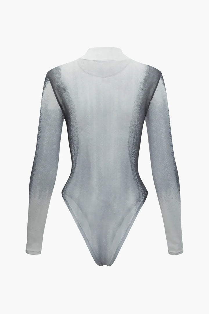 Brice Grey Body Printed Long Sleeve Mesh Bodysuit