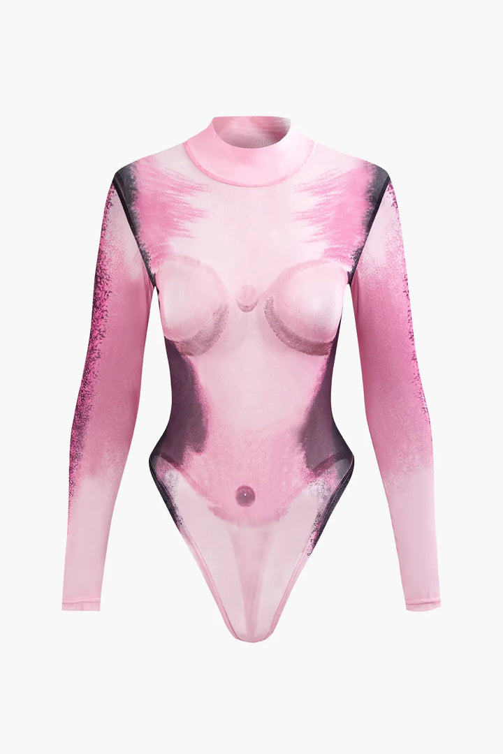 Brice Pink Body Printed Long Sleeve Mesh Bodysuit