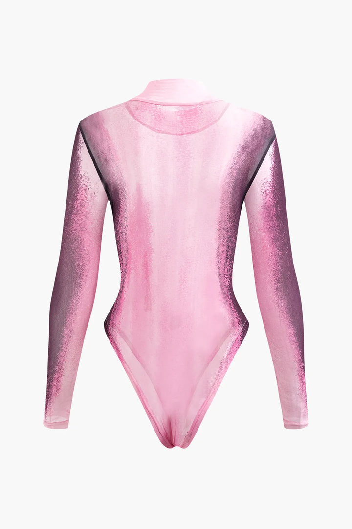 Brice Pink Body Printed Long Sleeve Mesh Bodysuit