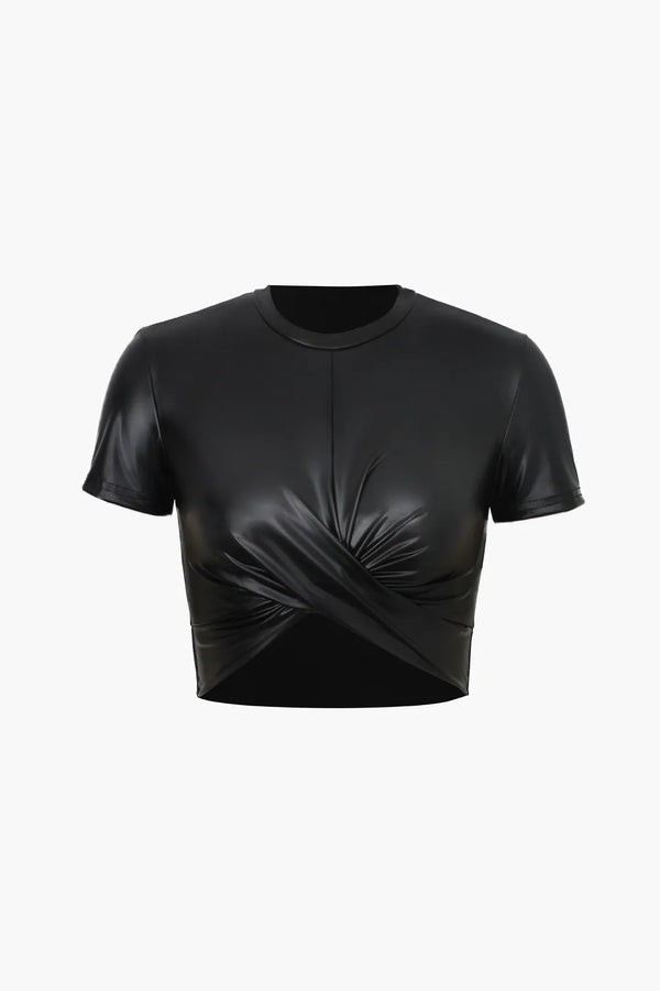 Cacia Black Faux Leather Cropped Top