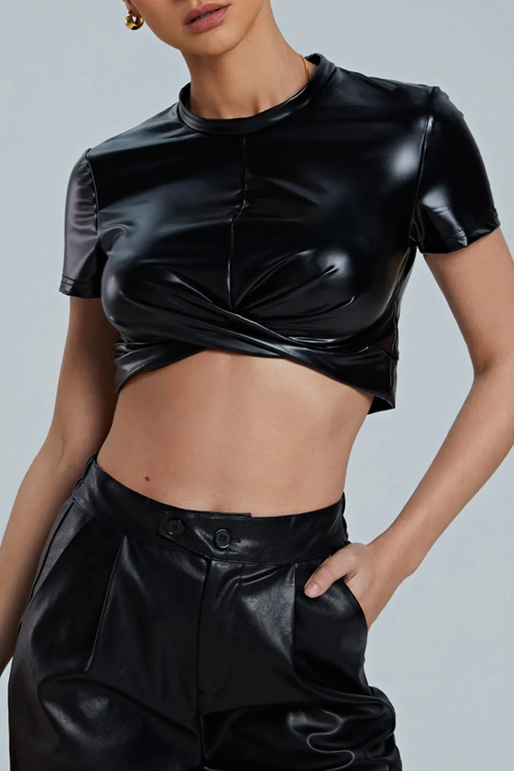 Cacia Black Faux Leather Cropped Top