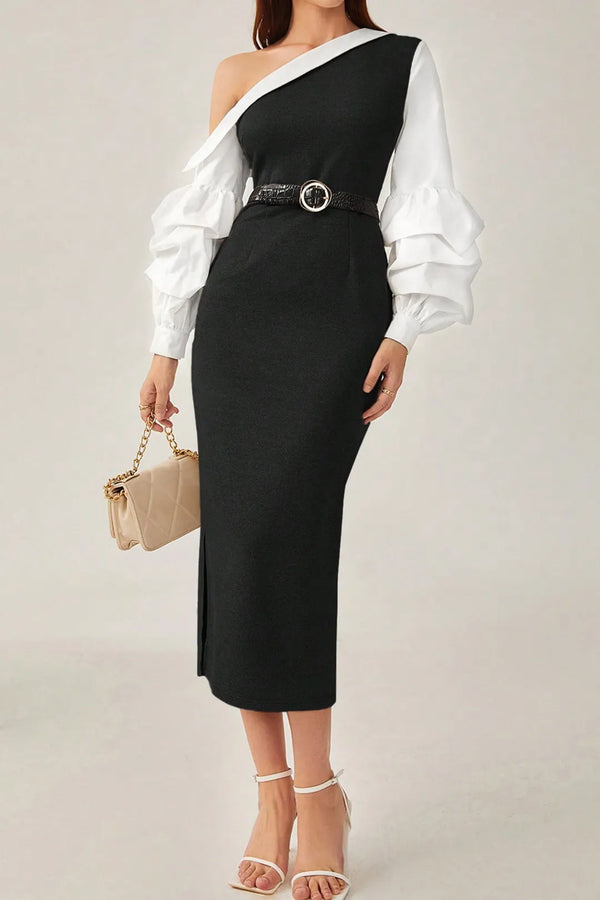 Carlita Black and White Asymmetric Lantern Sleeve Slit Maxi Dress