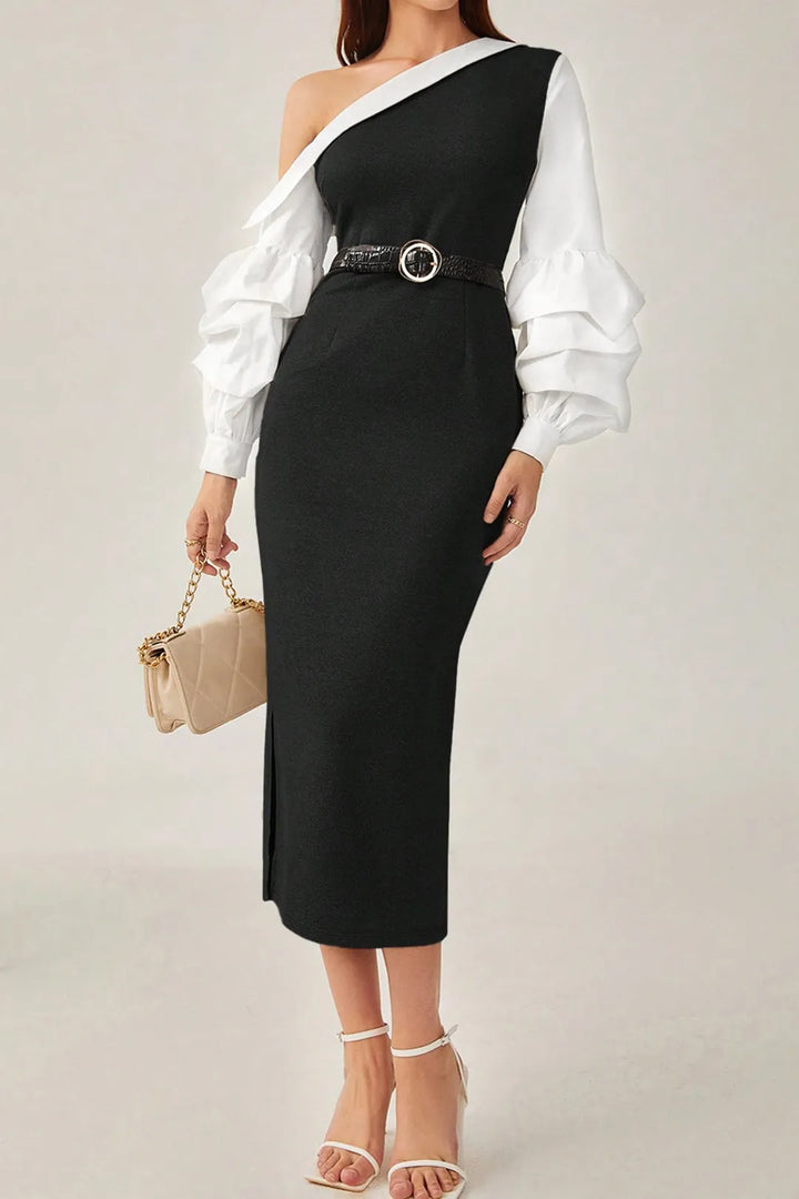 Carlita Black and White Asymmetric Lantern Sleeve Slit Maxi Dress