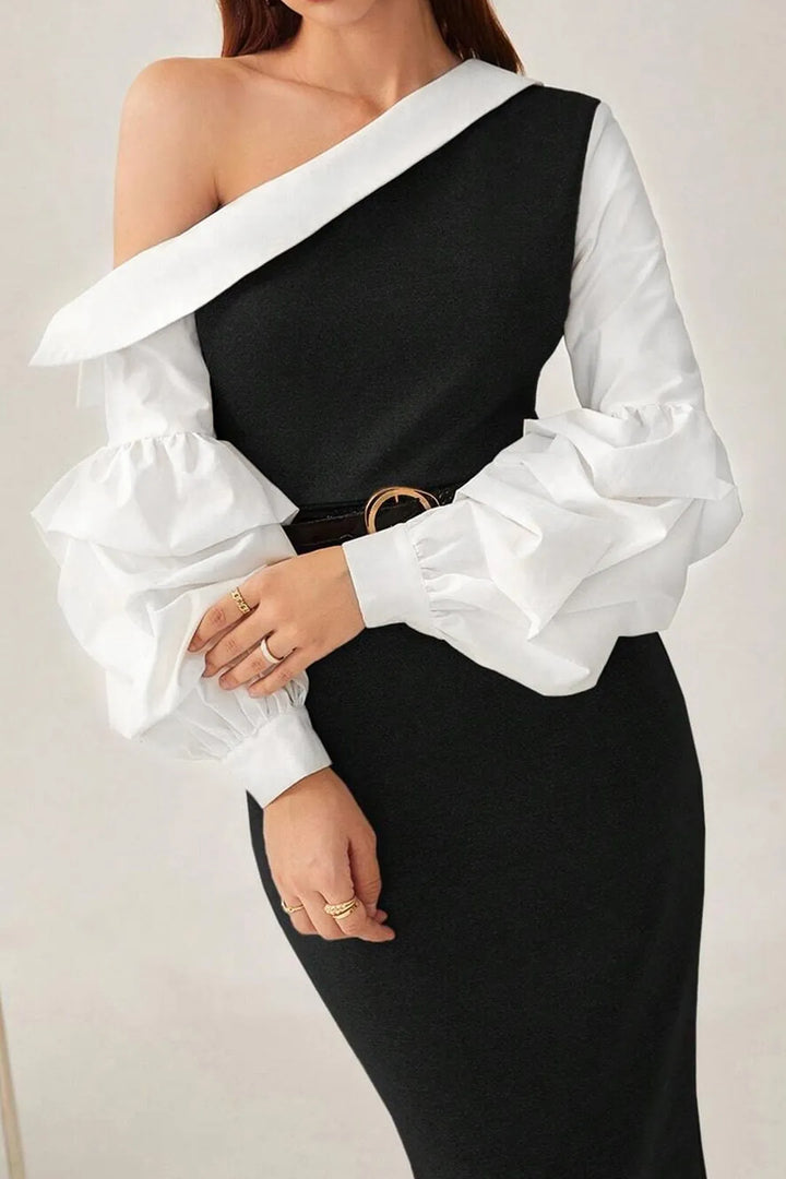 Carlita Black and White Asymmetric Lantern Sleeve Slit Maxi Dress