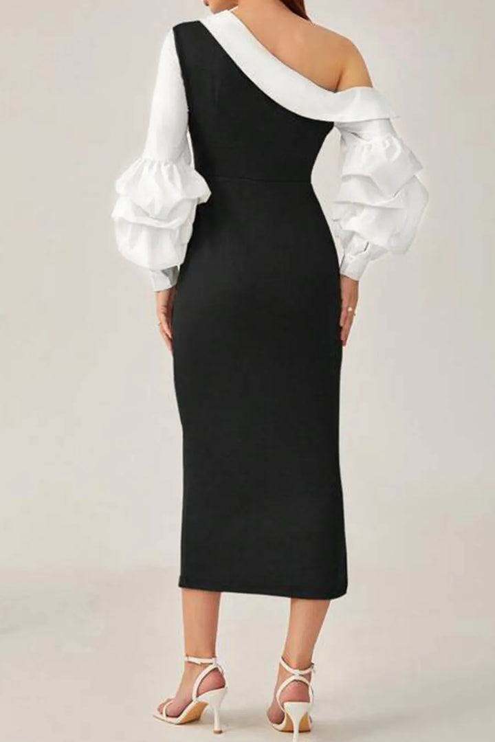 Carlita Black and White Asymmetric Lantern Sleeve Slit Maxi Dress