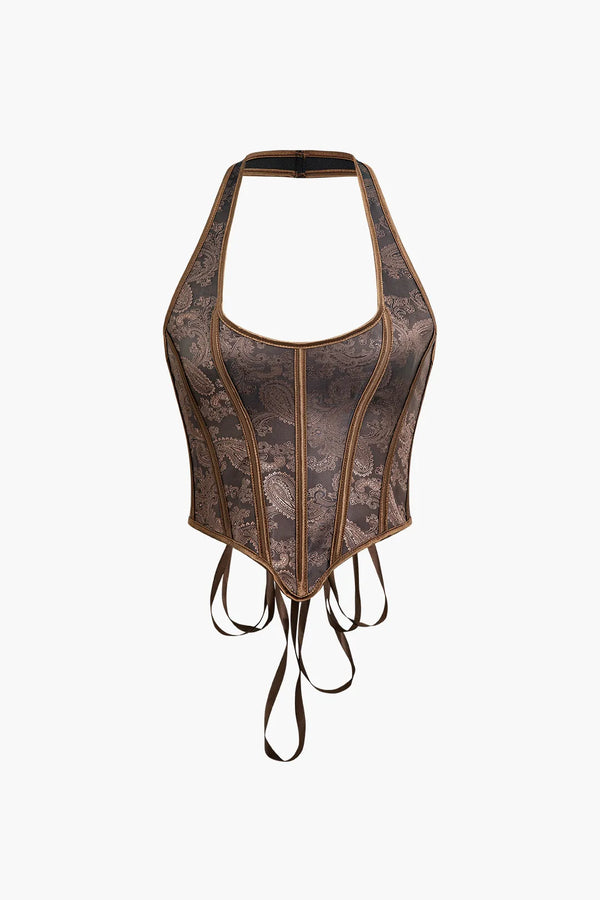 Ceridwen Brown Jacquard Eyelet Tie Halter Corset Top