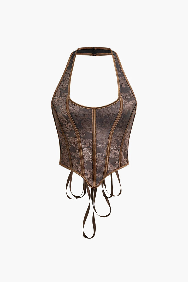 Ceridwen Brown Jacquard Eyelet Tie Halter Corset Top