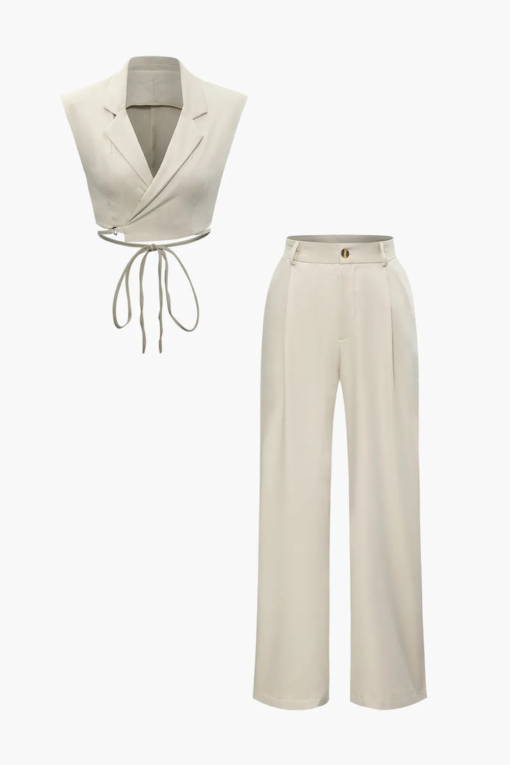 Cherry Beige Tie Back Vest And Straight Leg Suit Pants Set