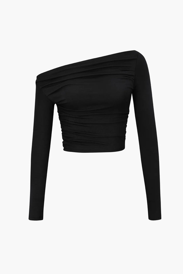 Circe Black Asymmetric Ruched Long Sleeve Top