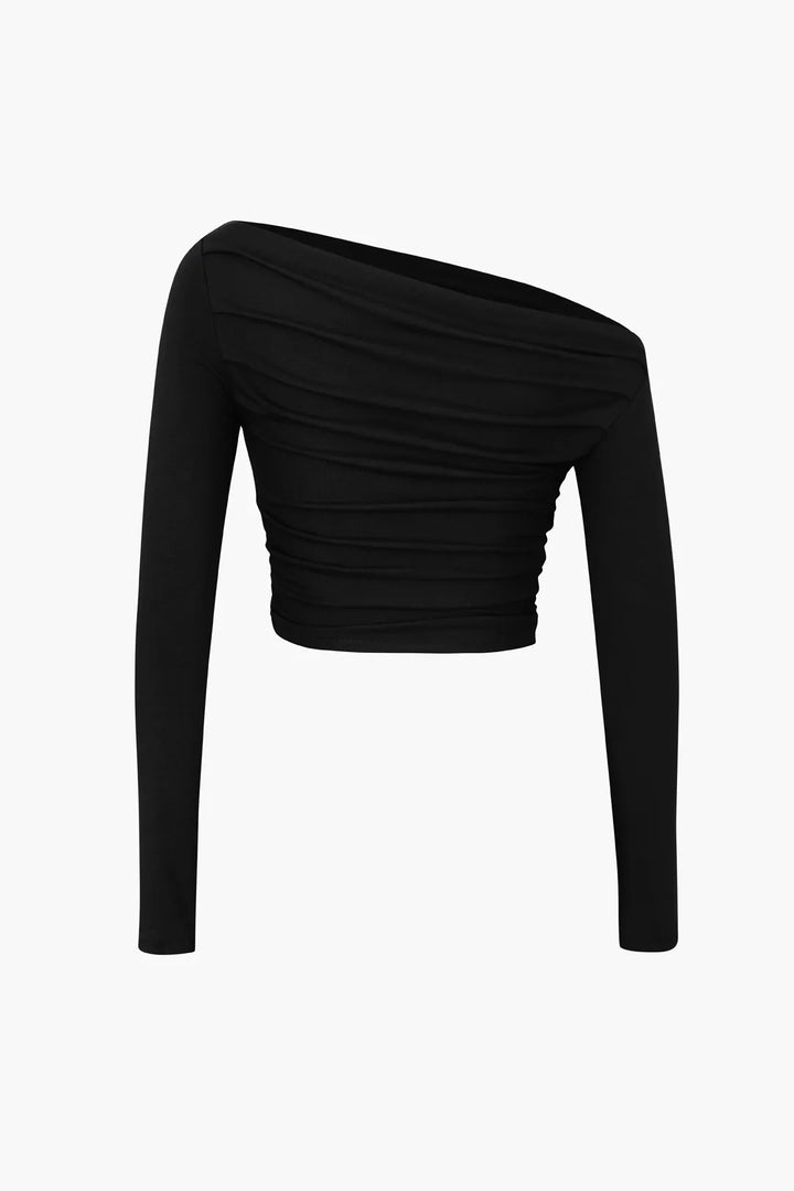 Circe Black Asymmetric Ruched Long Sleeve Top