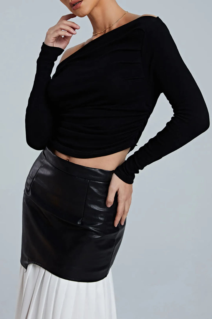 Circe Black Asymmetric Ruched Long Sleeve Top