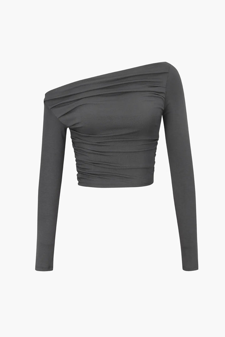 Circe Grey Asymmetric Ruched Long Sleeve Top