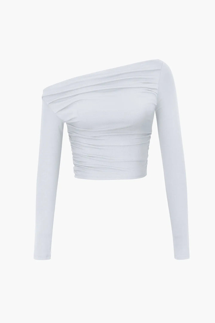 Circe Whie Asymmetric Ruched Long Sleeve Top