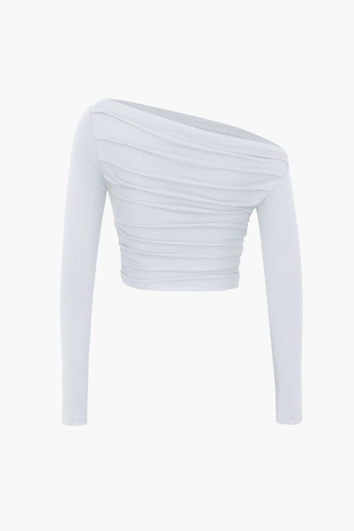 Circe Whie Asymmetric Ruched Long Sleeve Top