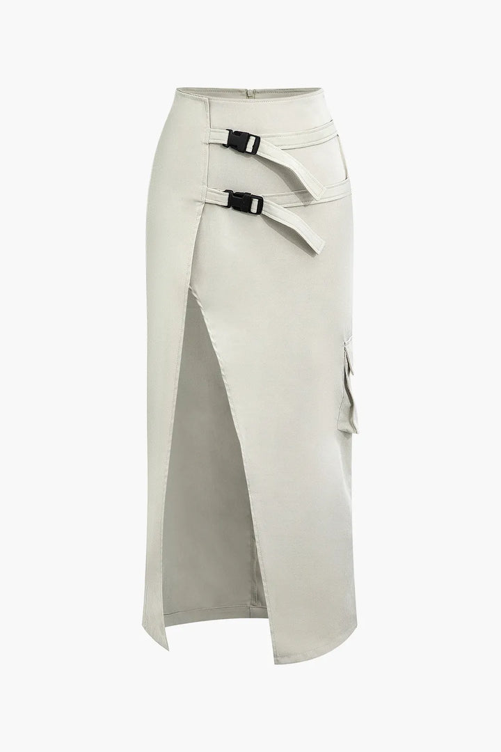 Colena Grey Asymmetric Belted Flap Pocket Split Maxi Skirt