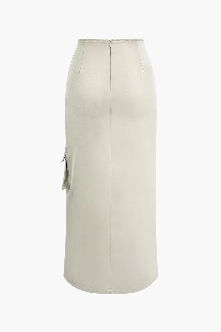 Colena Grey Asymmetric Belted Flap Pocket Split Maxi Skirt