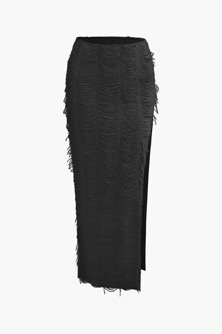 Conica Black V-neck Cap Sleeve Crop Top And Slit Maxi Skirt Set