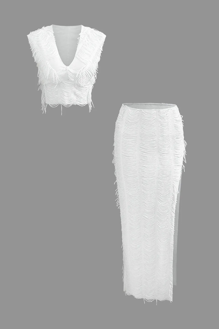 Conica White V-neck Cap Sleeve Crop Top And Slit Maxi Skirt Set