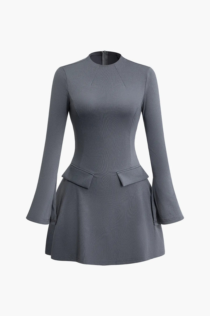 Cora Solid Grey Stitching Bell Sleeve Mini Dress