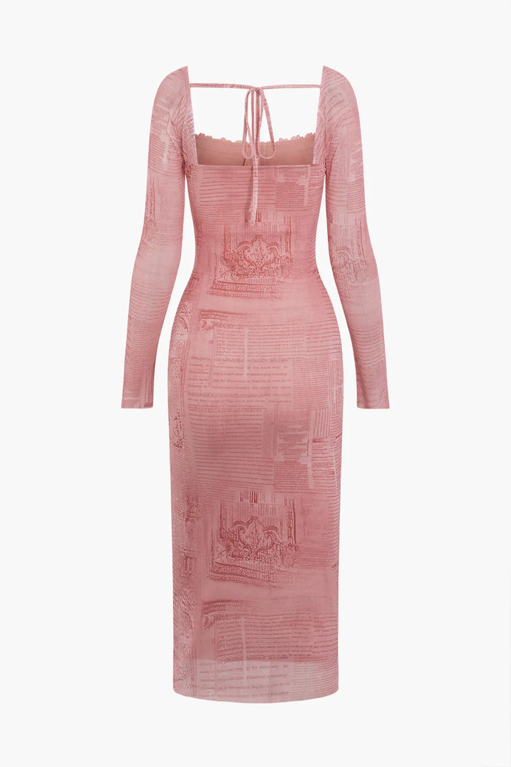 Dlore Pink Newspaper Pattern Lace Tie Backless Midi Party Dress