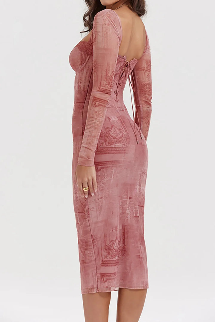 Dlore Pink Newspaper Pattern Lace Tie Backless Midi Party Dress