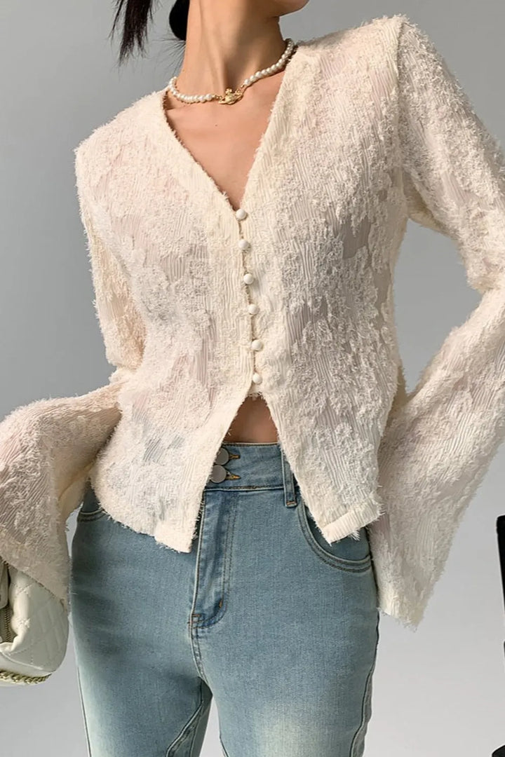 Elily V-Neck Ruffle Long Sleeve Blouse