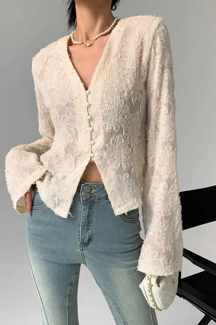 Elily V-Neck Ruffle Long Sleeve Blouse