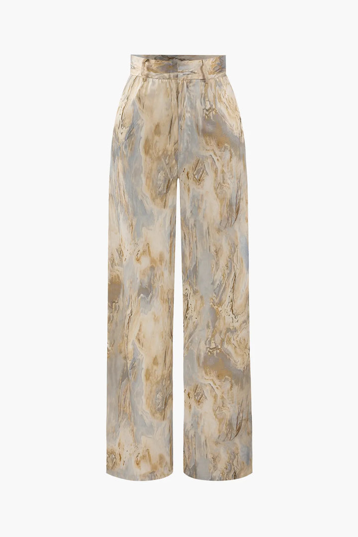 Ellyson Beige Marble Printed Full-length Straight Leg Pants